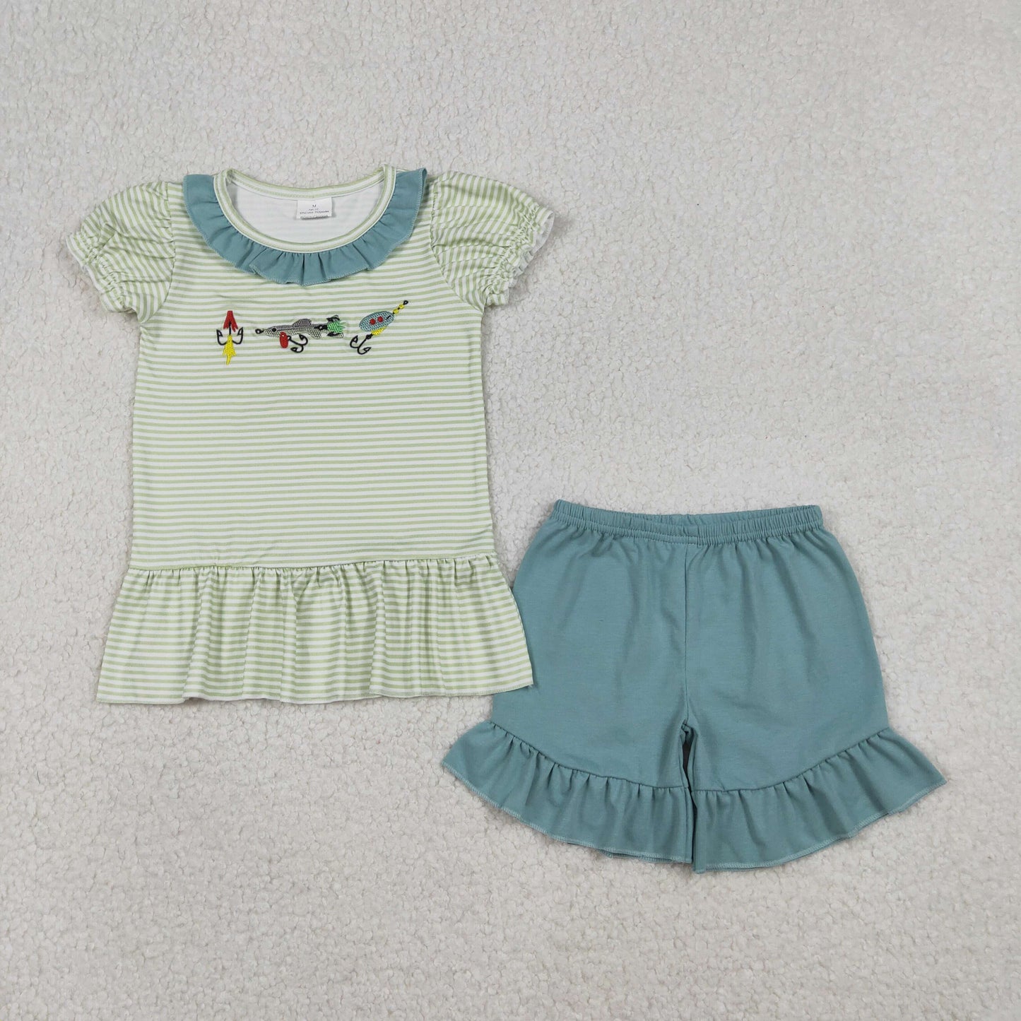 GSSO2792 Baby Girls Embroidery Fishing Green Stripe Collar Top Ruffle Shorts Hunting Clothes Sets