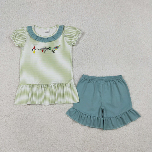 GSSO2792 Baby Girls Embroidery Fishing Green Stripe Collar Top Ruffle Shorts Hunting Clothes Sets