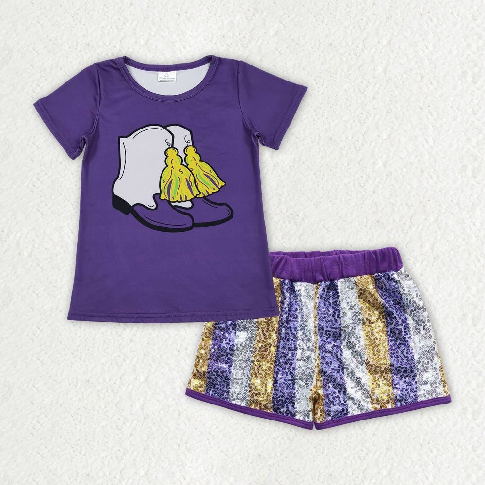 Baby Girls Purple Boots Tassel Top Stripe Sequin Shorts Mardigras Clothes Sets