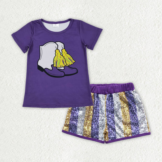 Baby Girls Purple Boots Tassel Top Stripe Sequin Shorts Mardigras Clothes Sets