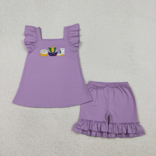 GSSO2828 Baby Girls Embroidery Anchor Donuts Tunic Ruffle Short Mardigras Clothes Sets