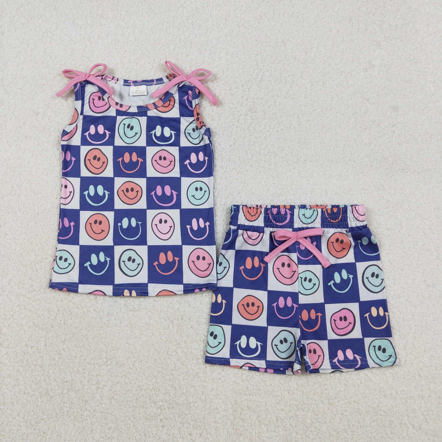 Sibling Baby Girls Sleeveless Flowers Smiles Checked Bows Top Shorts Clothes Sets