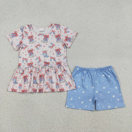 GSSO2837 Baby Girls Red Blue Bows Boots Ruffle Tunic Shorts 4th of July Clothes Sets