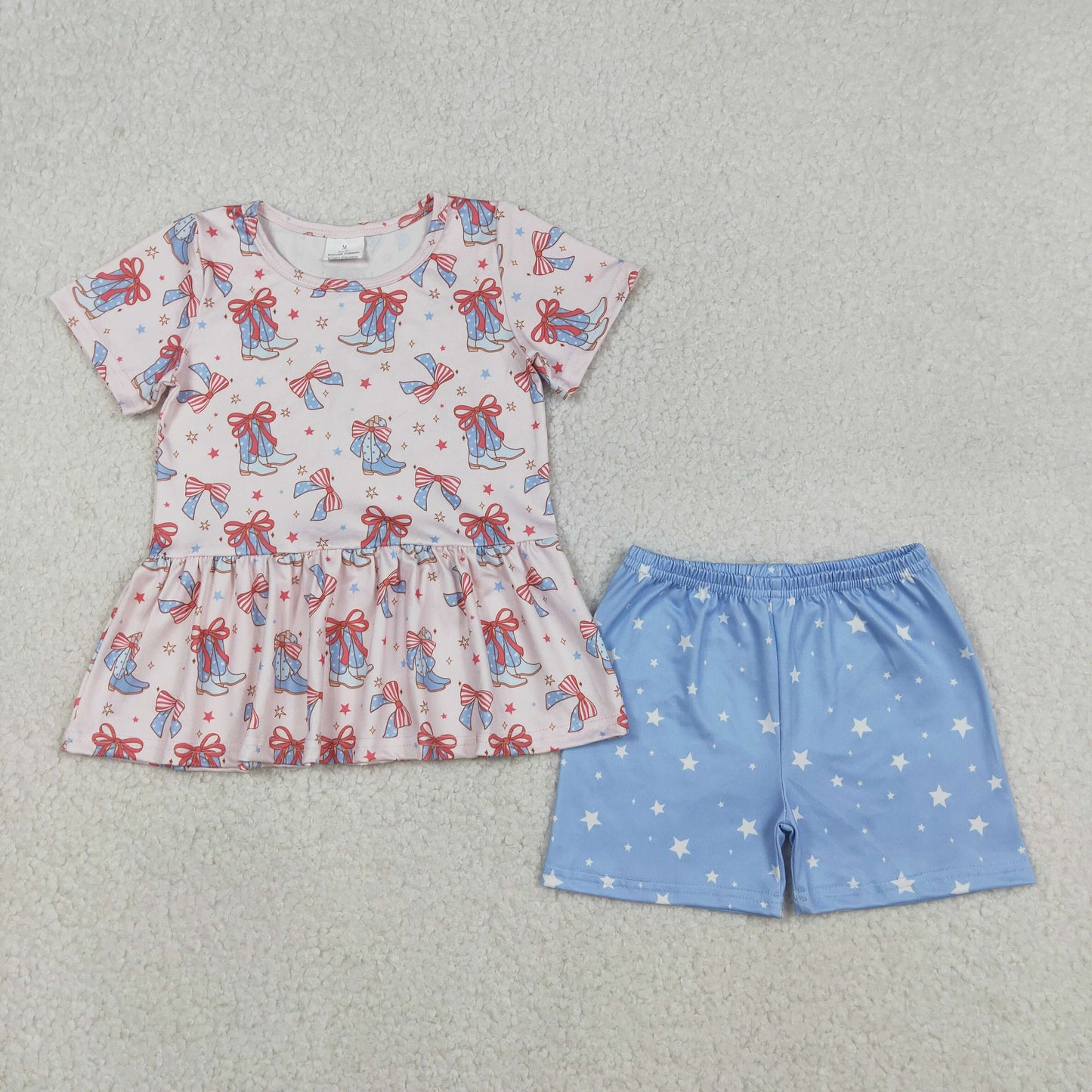 Sibling Baby Girls Red Blue Bows Boots Ruffle Tunic Shorts 4th of July Clothes Sets
