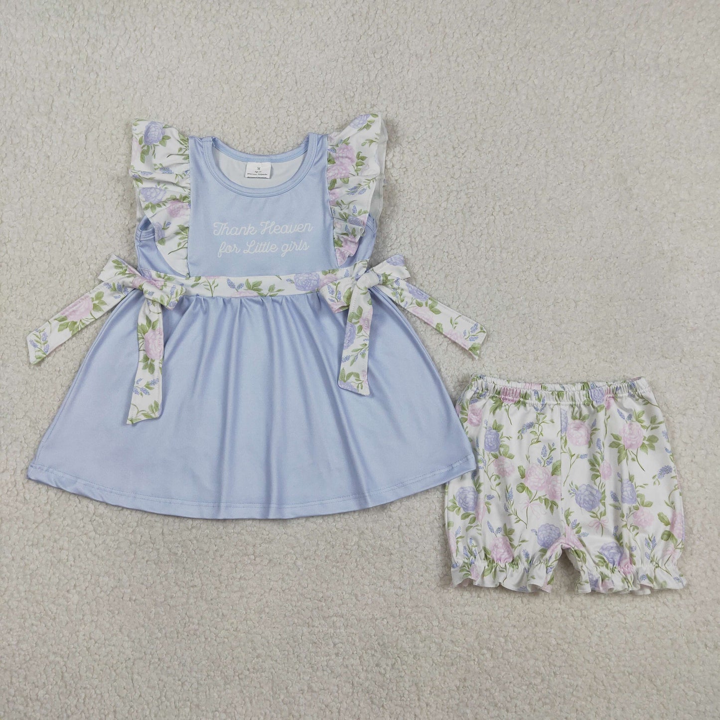 GSSO2846 Baby Thank Heaven For Little Girl Floral Tunic Ruffle Shorts Clothes Set