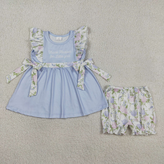 GSSO2846 Baby Thank Heaven For Little Girl Floral Tunic Ruffle Shorts Clothes Set