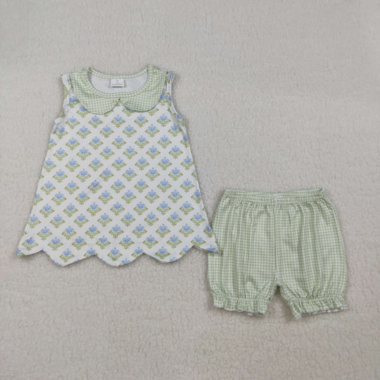 GSSO2850 Baby Girls Flowers Checked Scallop Tunic Ruffle Short Clothes Sets