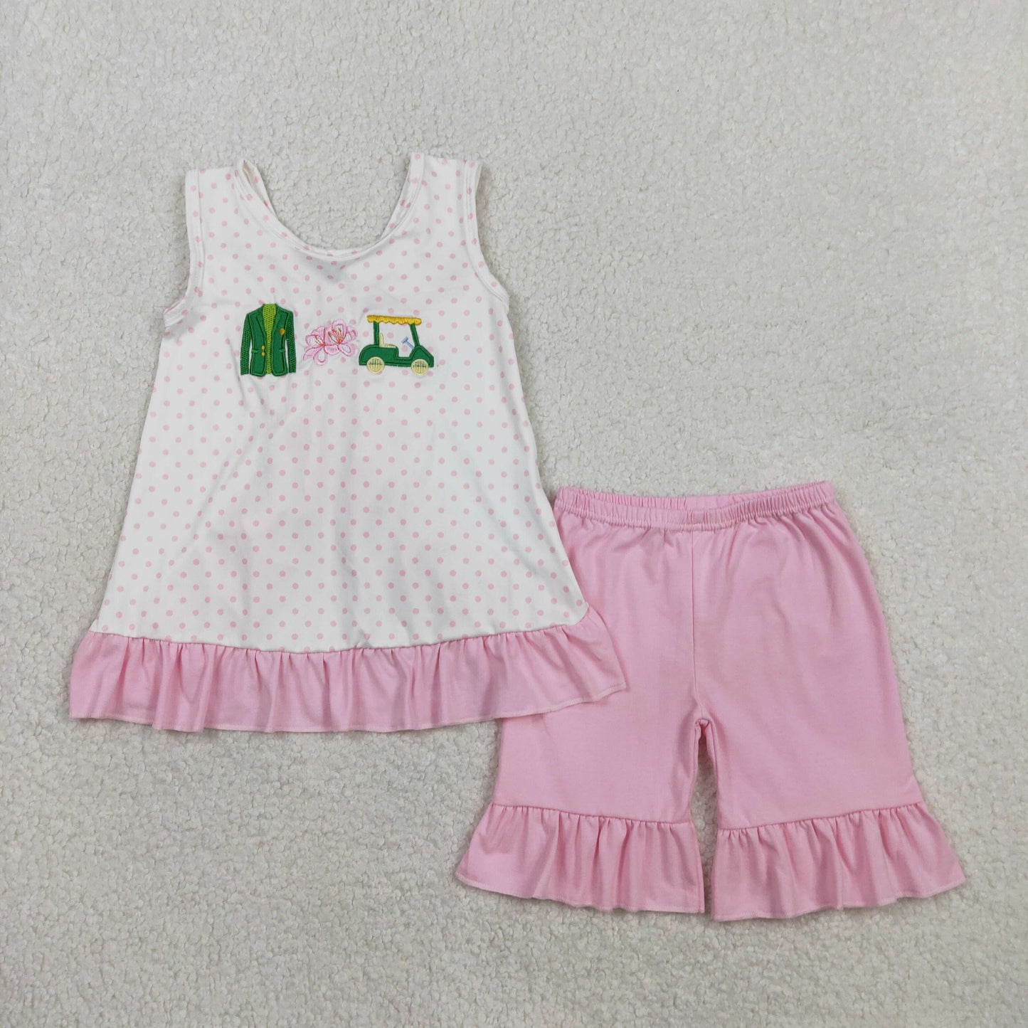 GSSO2884 Baby Girls Embroidery Golf Truck Polka Dots Tunic Ruffle Short Clothes Sets