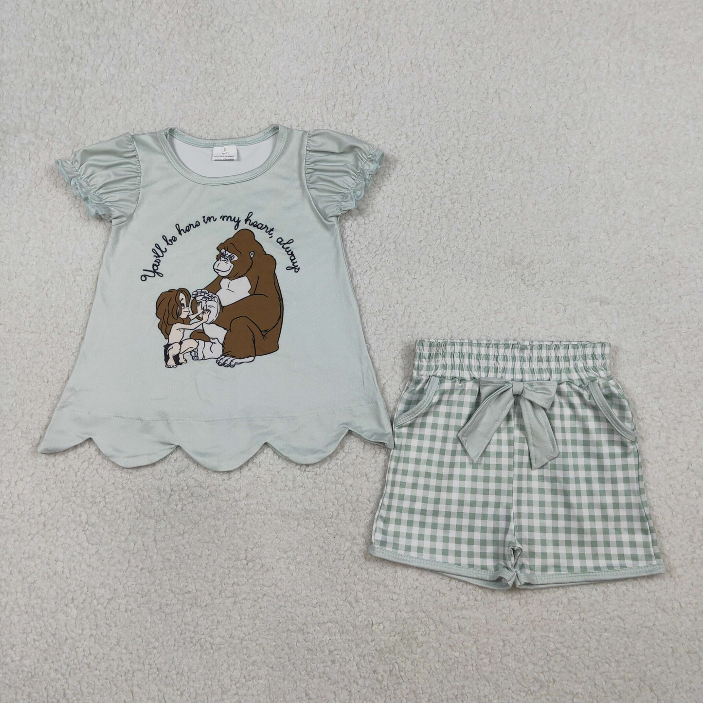 GSSO2906 Baby Girls Cartoon Monkey Scallop Tunic Pockets Checked Short Clothes Sets