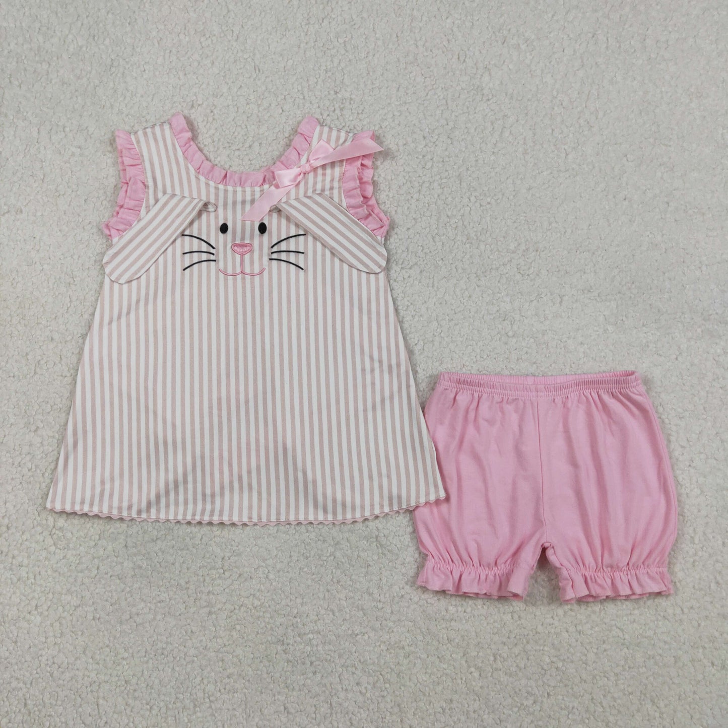 GSSO2924 Baby Girls Pink Stripe Embroidery Rabbit Tunic Ruffle Short Easter Clothes Set