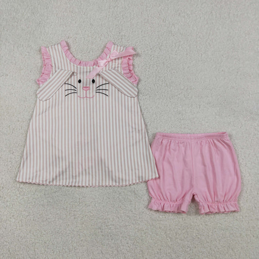 GSSO2924 Baby Girls Pink Stripe Embroidery Rabbit Tunic Ruffle Short Easter Clothes Set