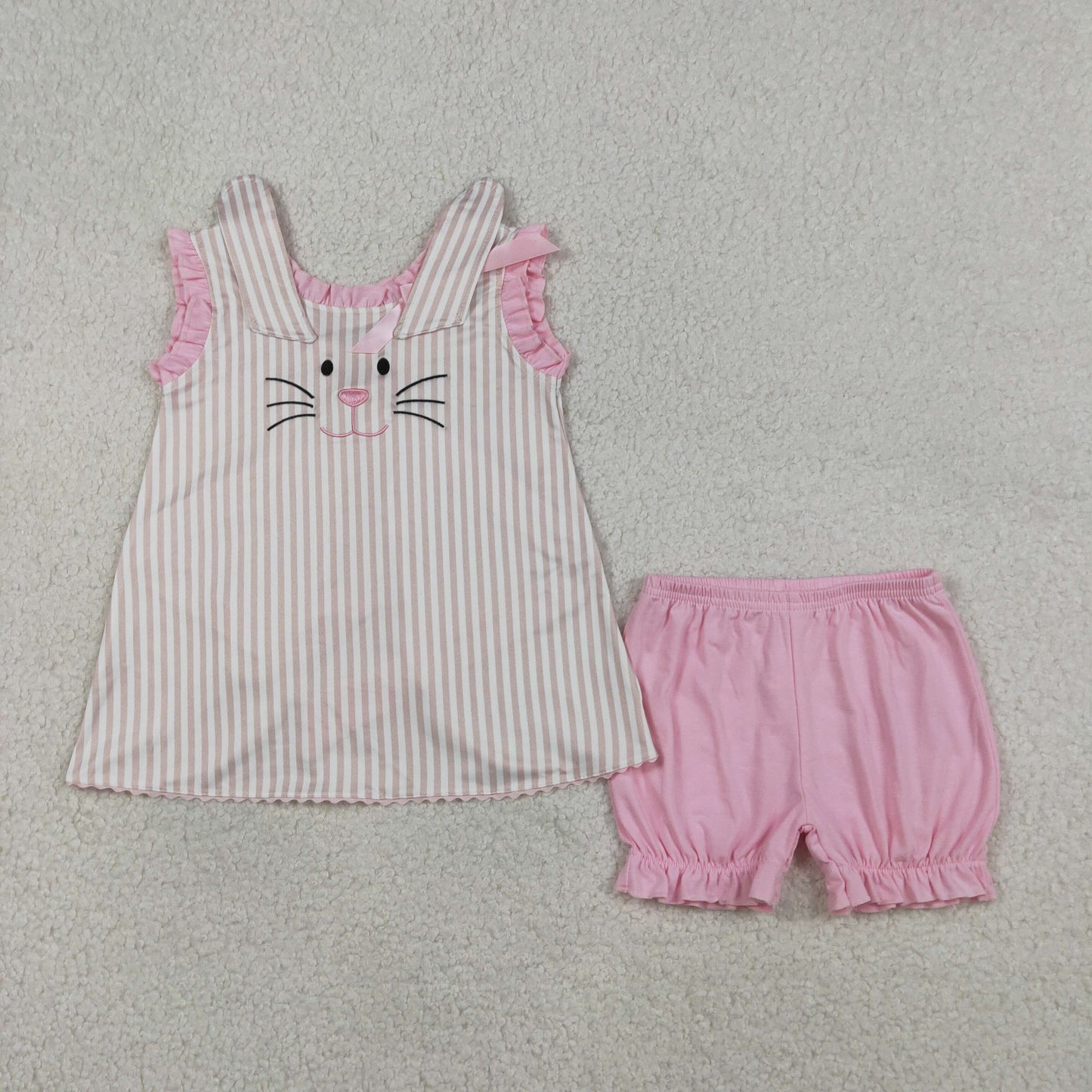 GSSO2924 Baby Girls Pink Stripe Embroidery Rabbit Tunic Ruffle Short Easter Clothes Set