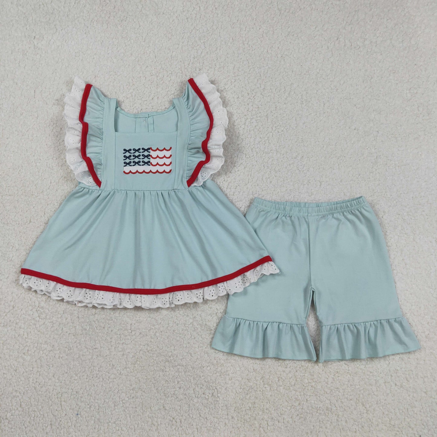 GSSO2926 Baby Girls Embroidery Bows Flags Tunic Ruffle Short 4th of July Clothes Set