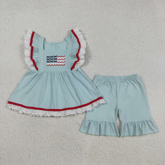 GSSO2926 Baby Girls Embroidery Bows Flags Tunic Ruffle Short 4th of July Clothes Set