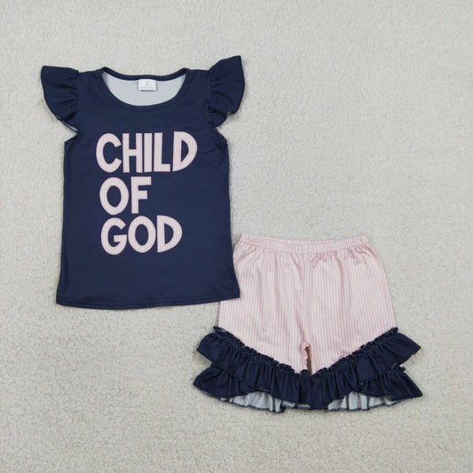 GSSO2933 Baby Girls Flutter Sleeve Child of God Top Ruffle Short Clothes Sets