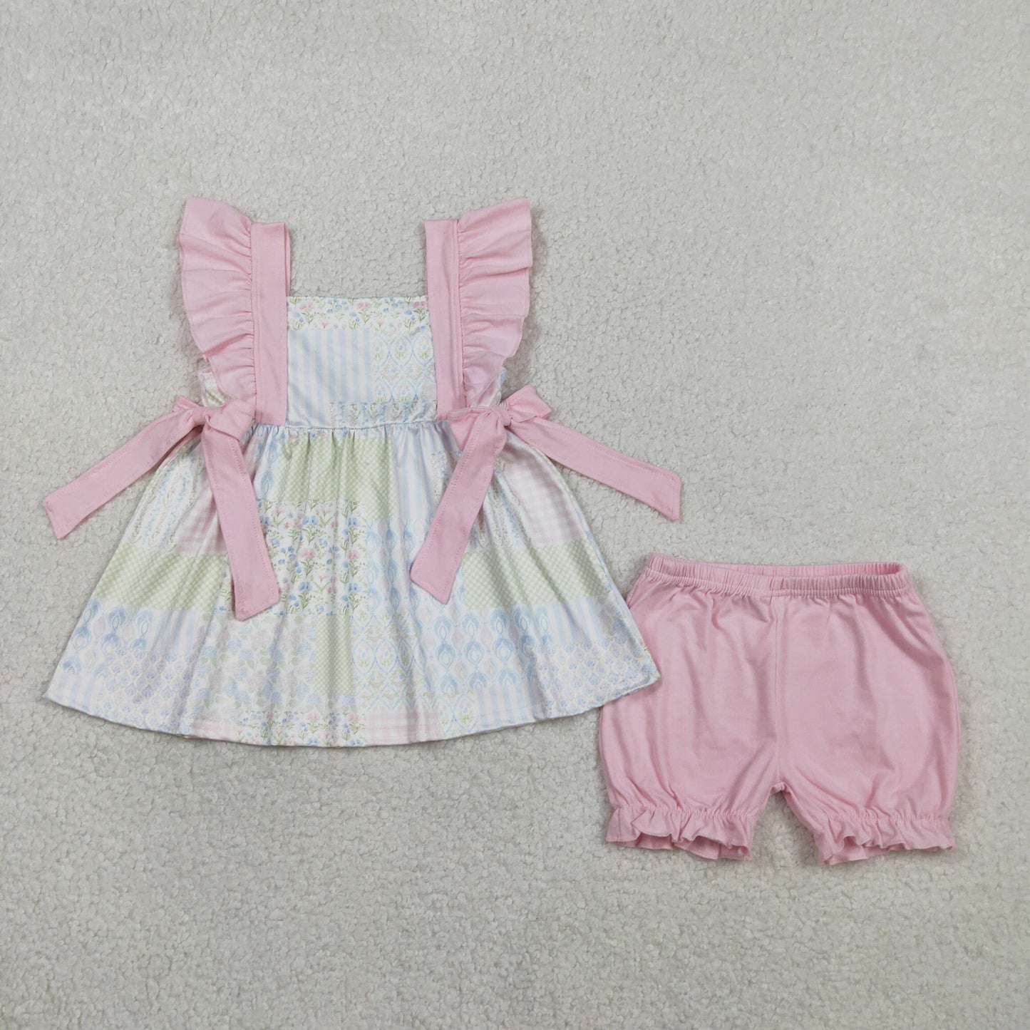 GSSO2951 Baby Girls Flutter Sleeve Flowers Checked Tunic Ruffle Short Clothes Sets