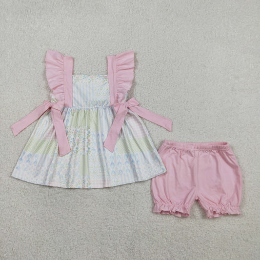 GSSO2951 Baby Girls Flutter Sleeve Flowers Checked Tunic Ruffle Short Clothes Sets