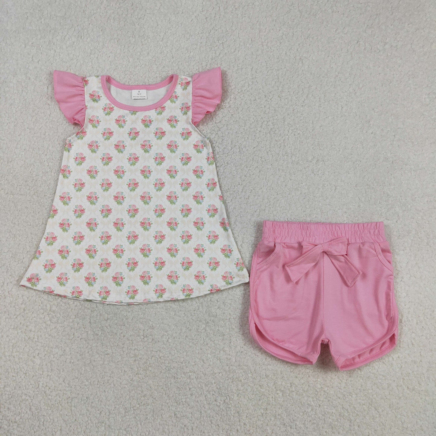 GSSO2953 Baby Girls Pink Flutter Sleeve Flowers Checked Tunic Short Clothes Sets
