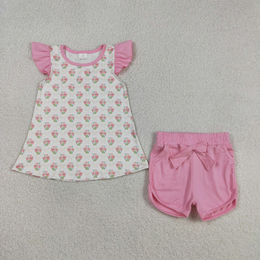 GSSO2953 Baby Girls Pink Flutter Sleeve Flowers Checked Tunic Short Clothes Sets