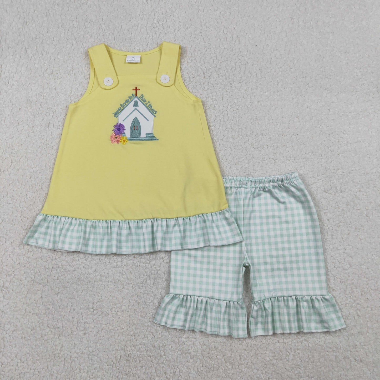 GSSO2966 Baby Girls Embroidery Church Cross Flwers Tunic Checked Ruffle Shorts Clothes Sets
