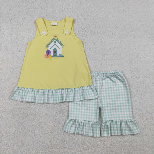 GSSO2966 Baby Girls Embroidery Church Cross Flwers Tunic Checked Ruffle Shorts Clothes Sets