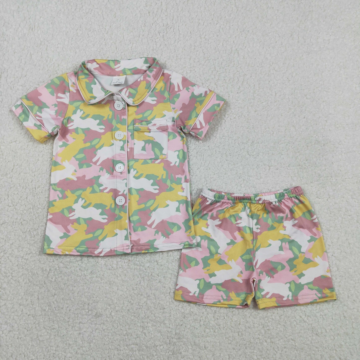GSSO2972 Baby Girls Colorful Rabbits Button Pockets Top Shorts Easter Pajamas Sets