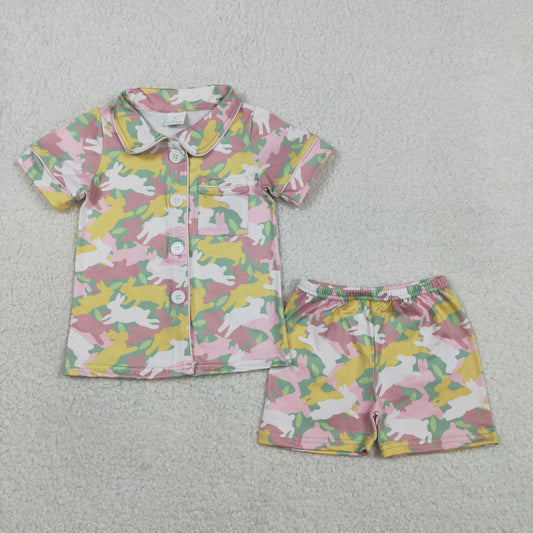GSSO2972 Baby Girls Colorful Rabbits Button Pockets Top Shorts Easter Pajamas Sets
