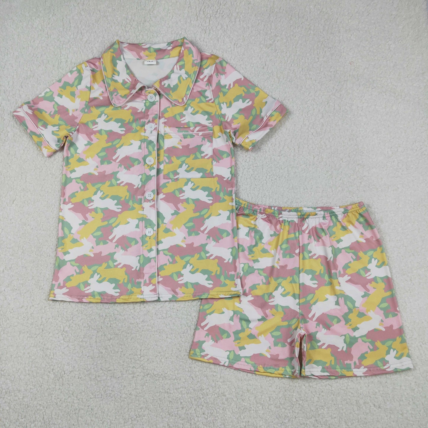 GSSO2963 Adult Women Colorful Rabbits Camo Button Pocket Top Short Easter Pajamas Sets