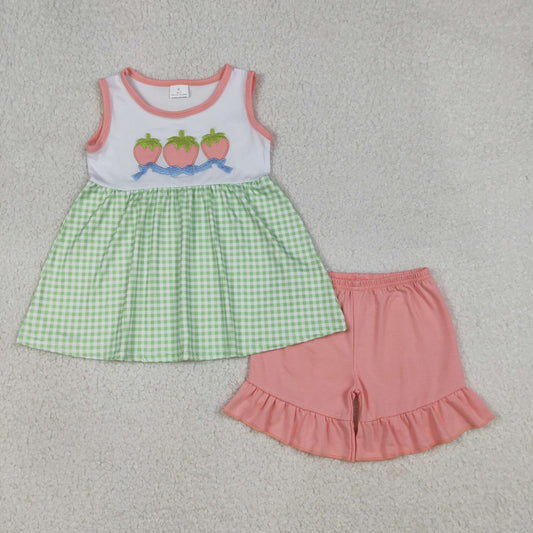GSSO2981 Baby Girls Embroidery Bows Strawberry Tunic Ruffle Short Clothes Sets