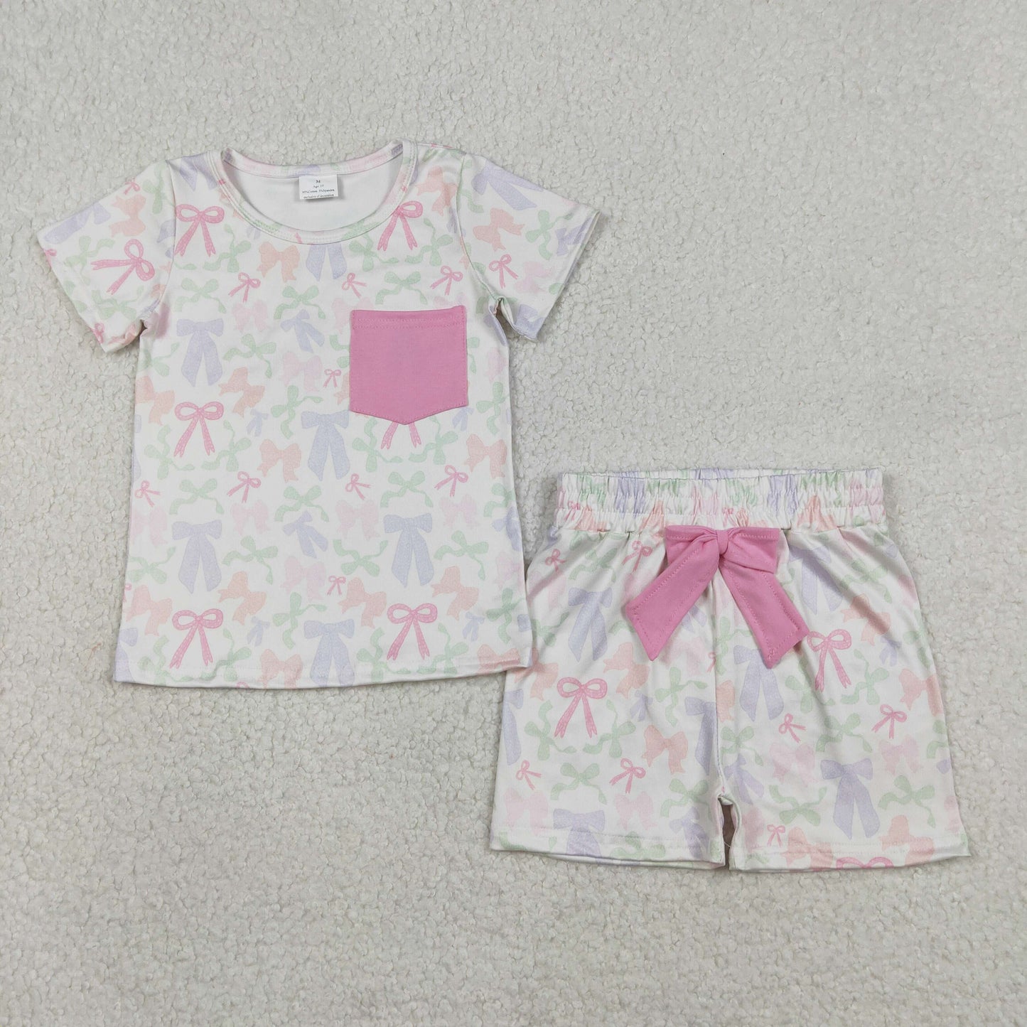 GSSO2990 Baby Girls Colorful Bows Pocket Top Short Pajamas Clothes Sets
