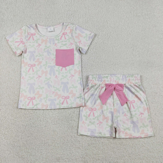 GSSO2990 Baby Girls Colorful Bows Pocket Top Short Pajamas Clothes Sets