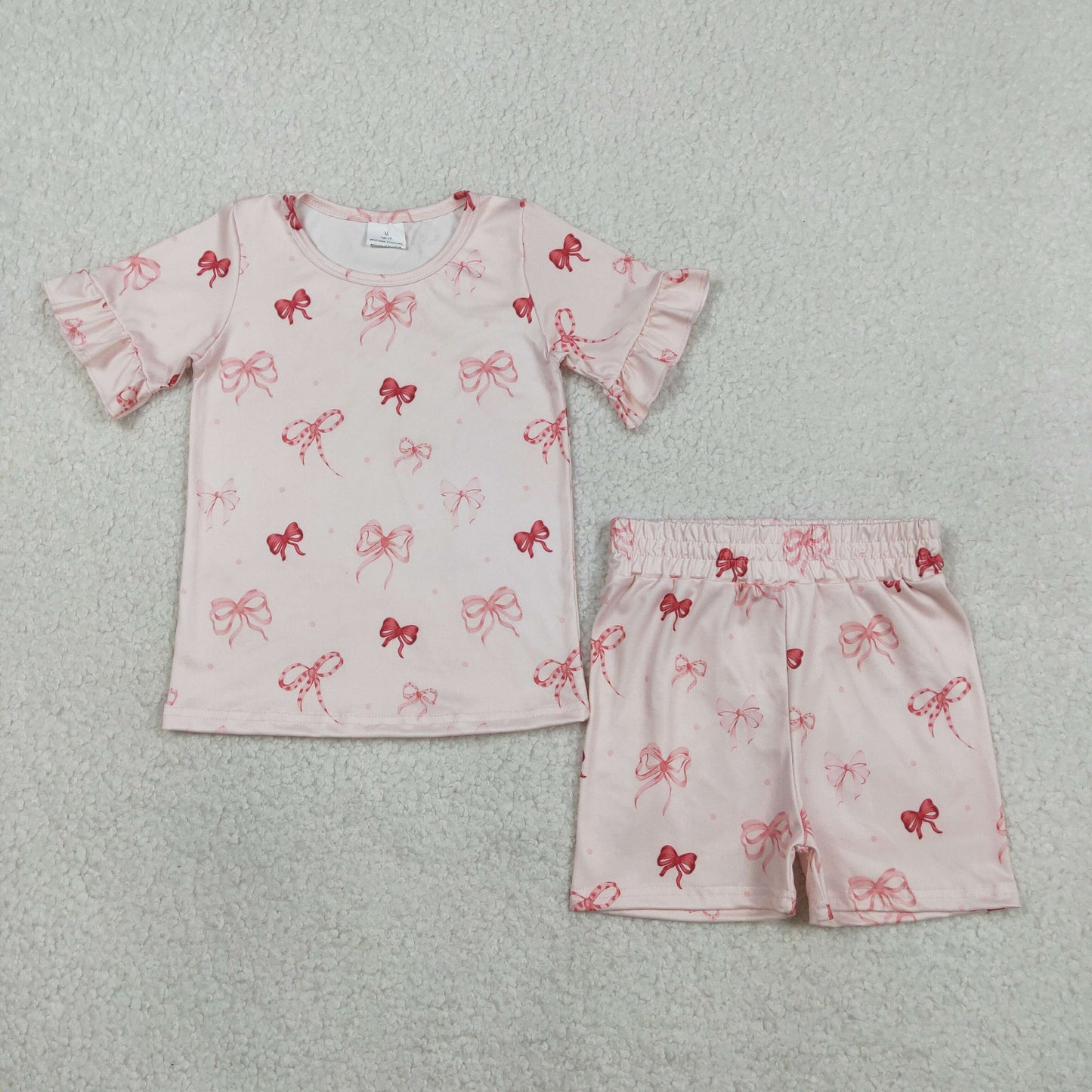 GSSO2996 Baby Girls Short Ruffle Sleeve Pink Bows Top Short Pajamas Sets