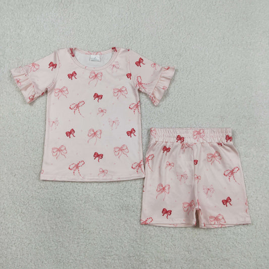 GSSO2996 Baby Girls Short Ruffle Sleeve Pink Bows Top Short Pajamas Sets