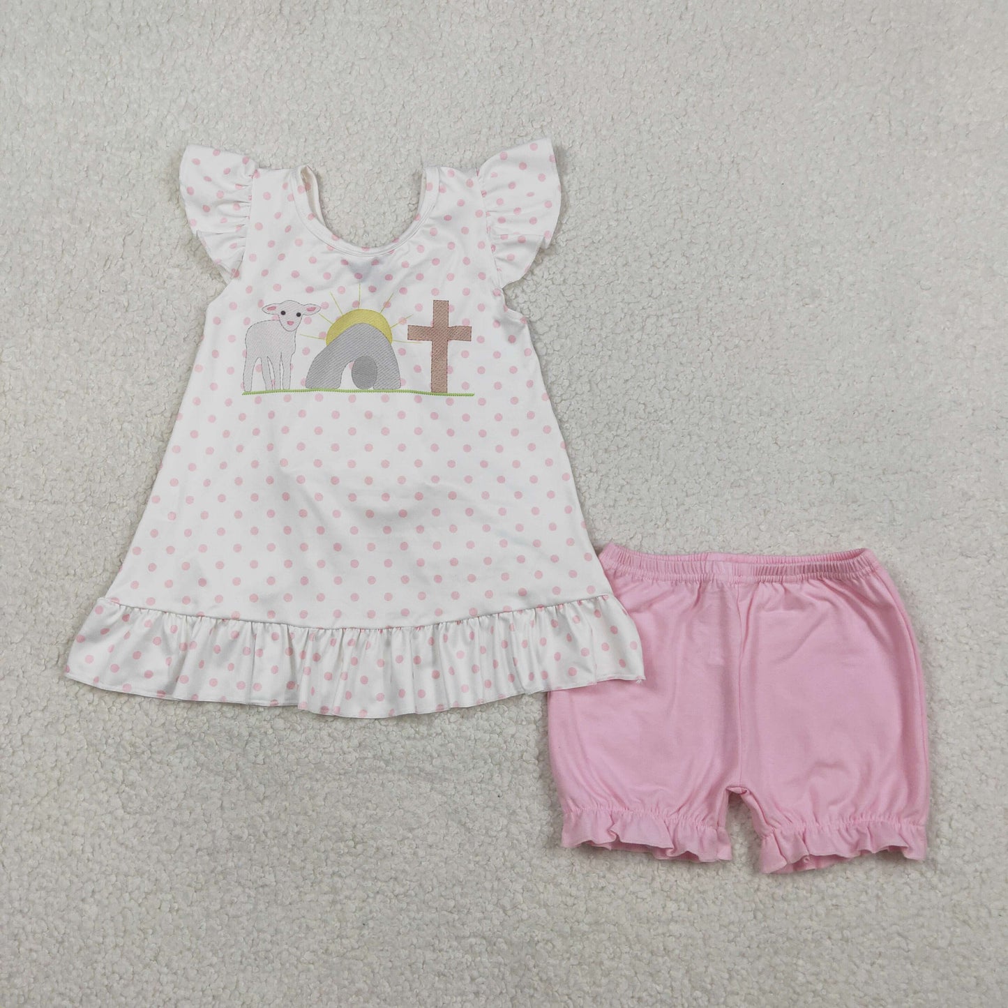 GSSO3018 Baby Girls Polka Dots Cross Back Bow Tunic Ruffle Short Easter Clothes Sets