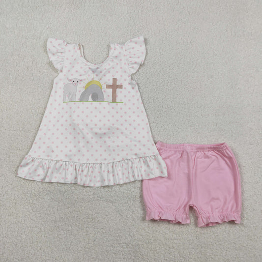 GSSO3018 Baby Girls Polka Dots Cross Back Bow Tunic Ruffle Short Easter Clothes Sets