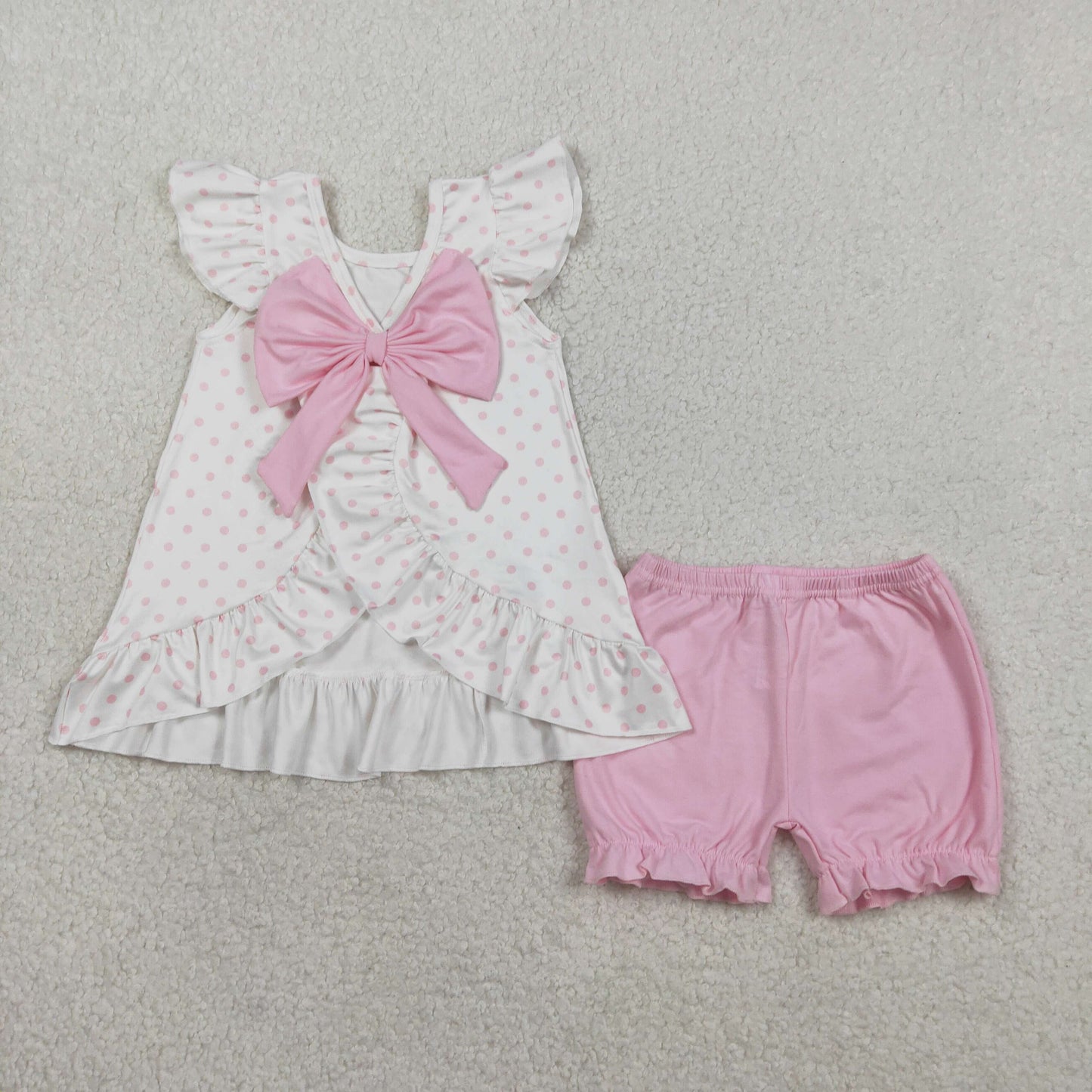 GSSO3018 Baby Girls Polka Dots Cross Back Bow Tunic Ruffle Short Easter Clothes Sets