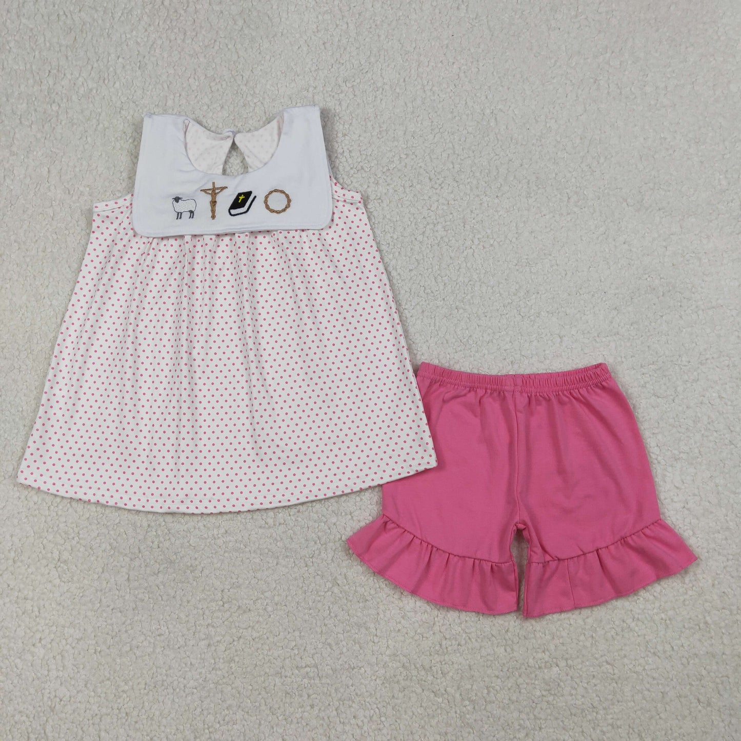 GSSO3019 Baby Girls Embroidery Sheep Polka Dots Tunic Ruffle Short Clothes Set