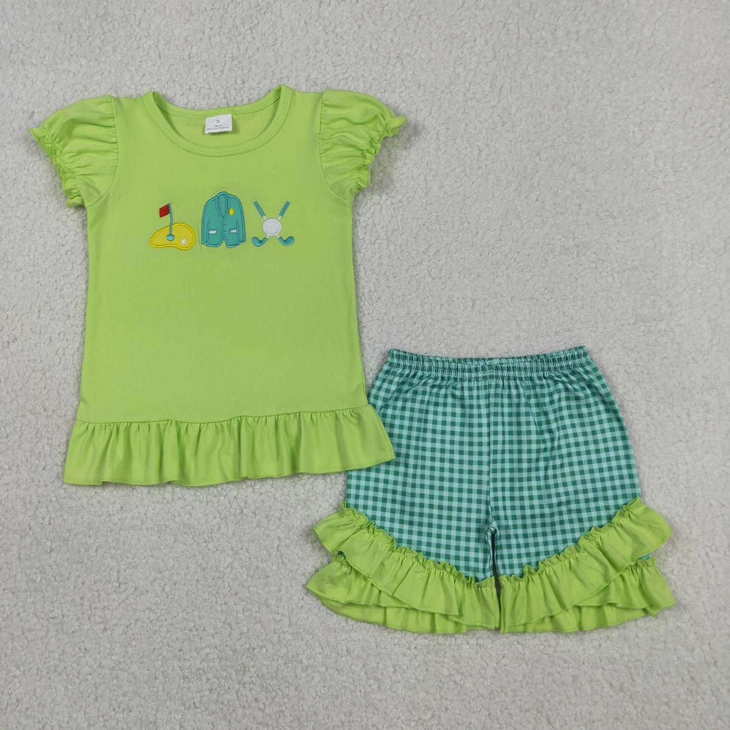 GSSO3033 Baby Girls Green Embroidery Golf Tunic Checked Ruffle Short Clothes Set