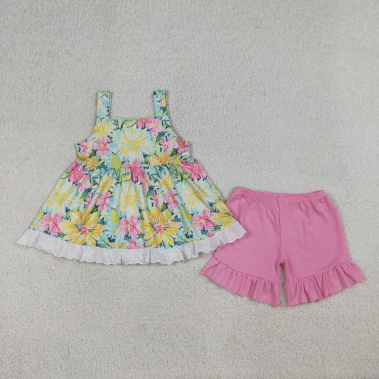 GSSO3034 Baby Girls Strap Colorful Flowers Tunic Ruffle Short Clothes Set
