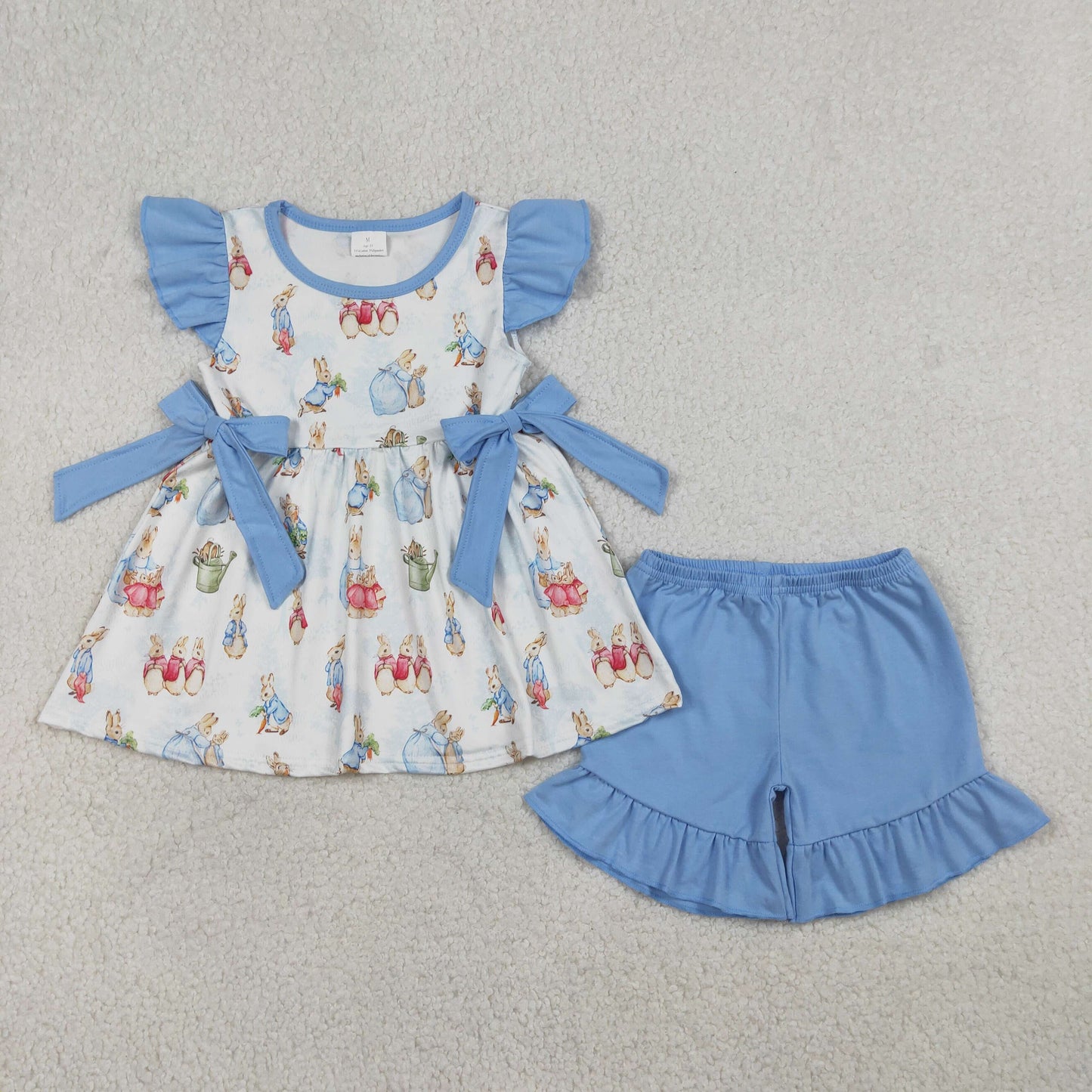 GSSO3055 Baby Girls Flutter Sleeve Rabbits Tunic Ruffle Shorts Easter Clothes Sets