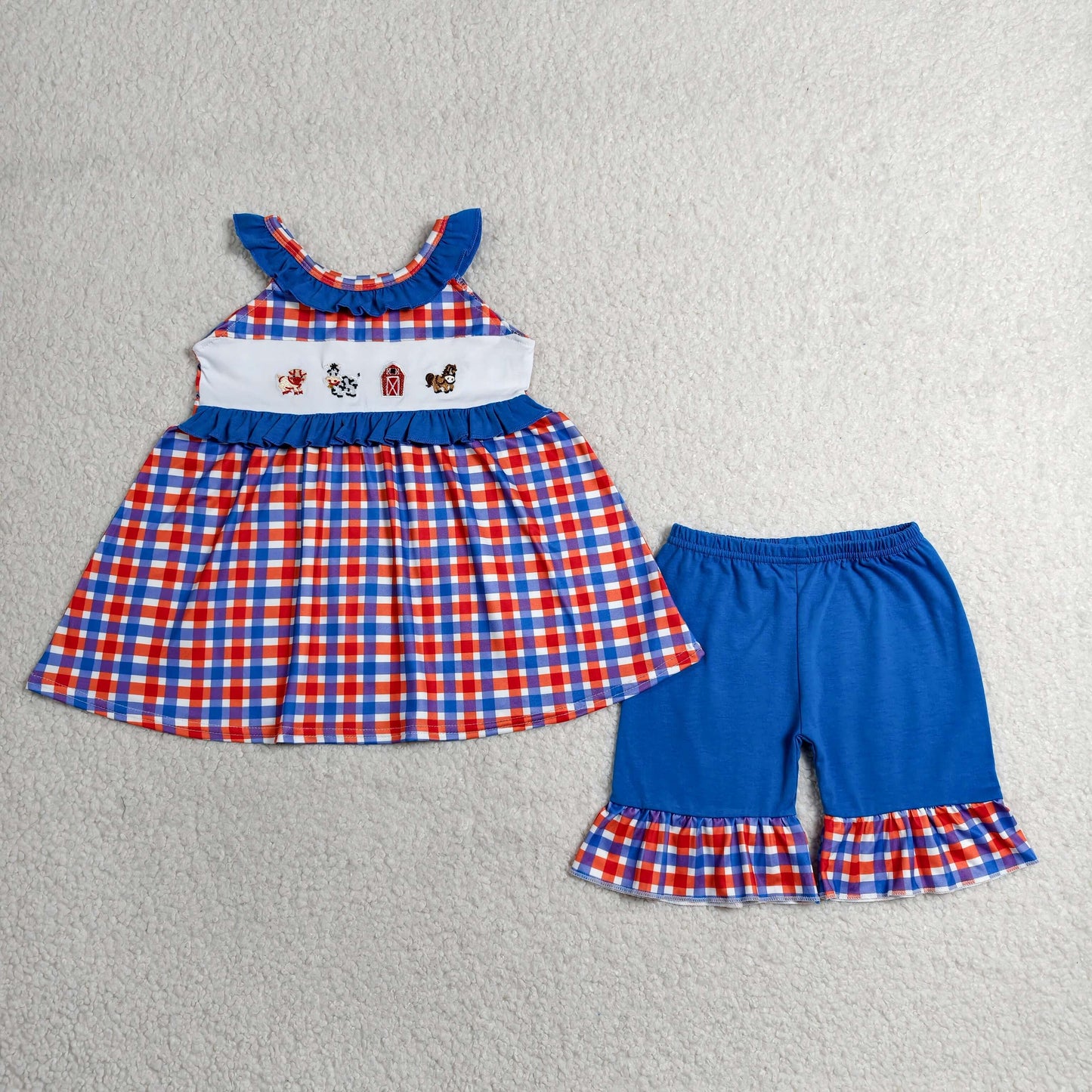 Sibling Baby Girls Embroidery Pigs House Tunic Ruffle Short Clothes Set Rompers