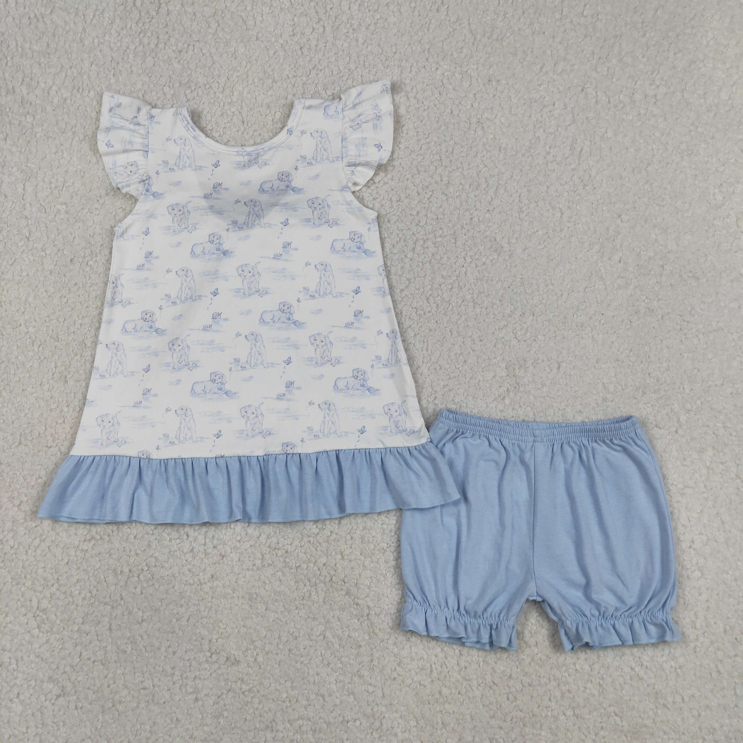 GSSO3061 Baby Girls Flutter Sleeve Dogs Butterfly Back Bows Tunic Ruffle Short Clothes Set