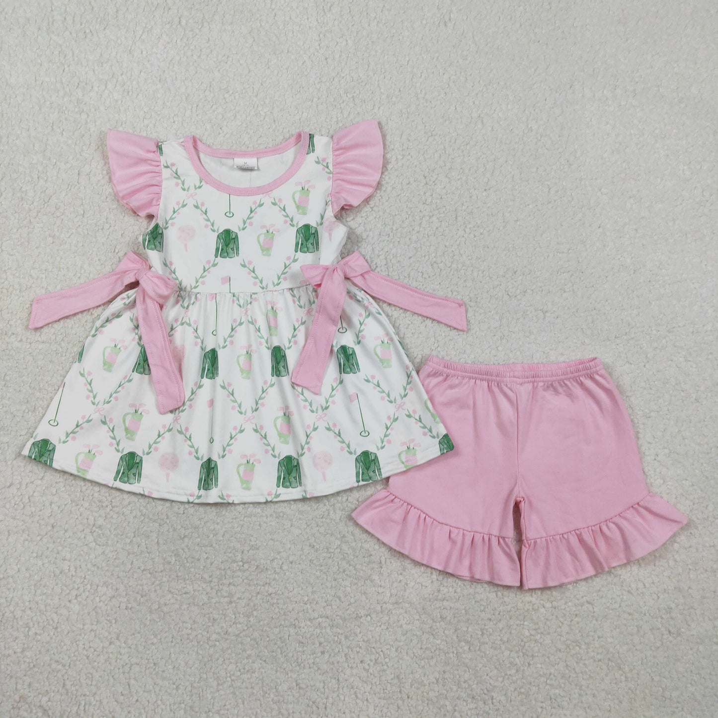 GSSO3063 Baby Girls Flutter Sleeve Golf Flowers Checked Tunic Ruffle Shorts Clothes Sets