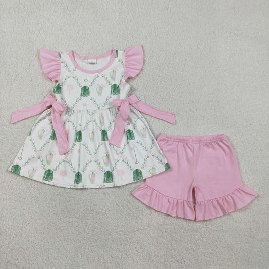 GSSO3063 Baby Girls Flutter Sleeve Golf Flowers Checked Tunic Ruffle Shorts Clothes Sets