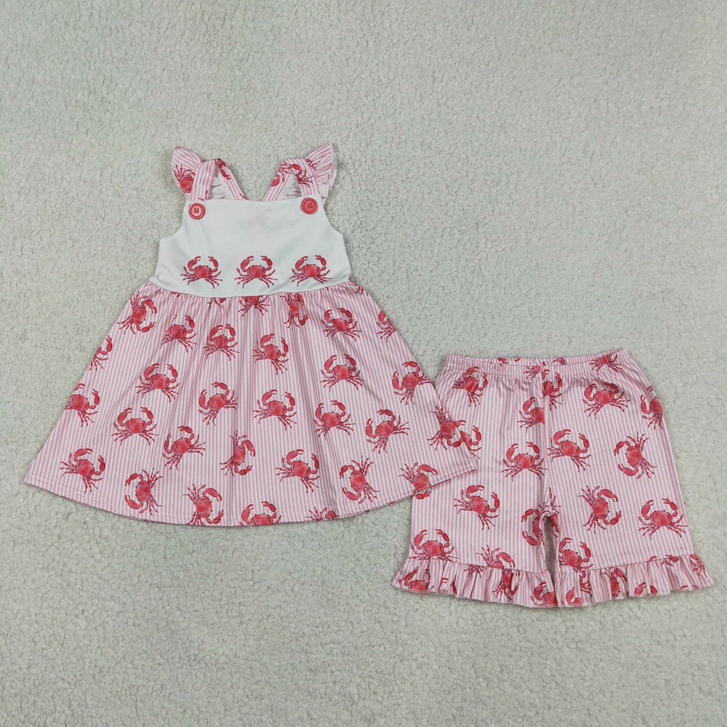 GSSO3066 Baby Girls Red Stripe Crabs Back Bow Tunic Ruffle Short Clothes Set