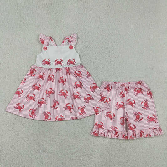 GSSO3066 Baby Girls Red Stripe Crabs Back Bow Tunic Ruffle Short Clothes Set