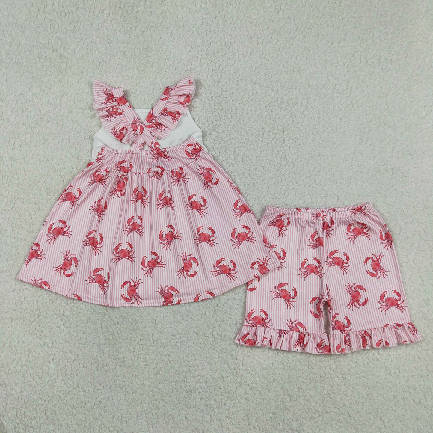 GSSO3066 Baby Girls Red Stripe Crabs Back Bow Tunic Ruffle Short Clothes Set