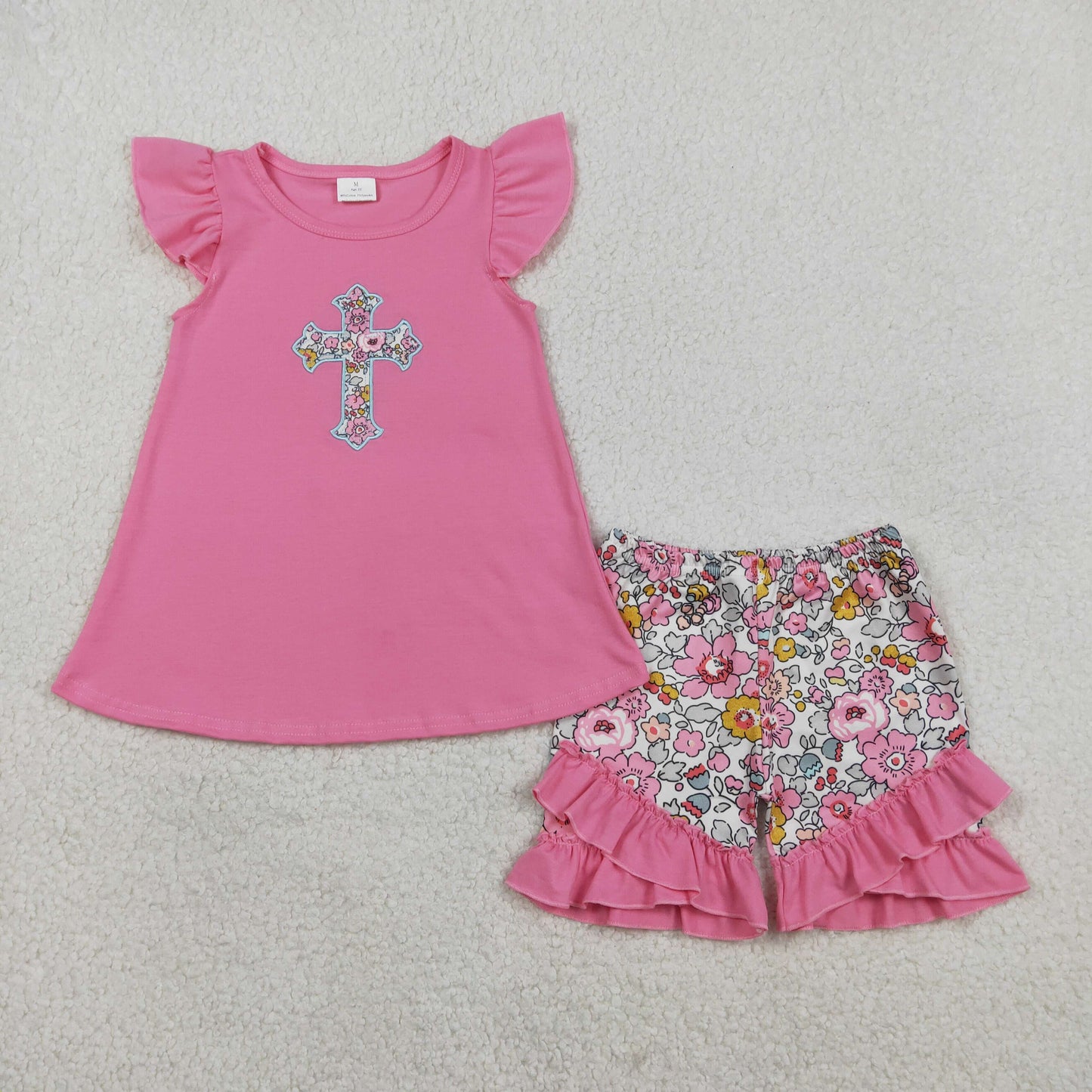 GSSO3069 Baby Girls Embroidery Floral Cross Tunic Ruffle Short Easter Clothes Sets