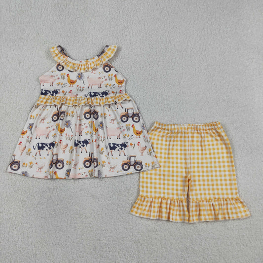 GSSO3071 Baby Girls Chicks Pigs Tunic Yellow Checked Ruffle Short Farm Clothes Set
