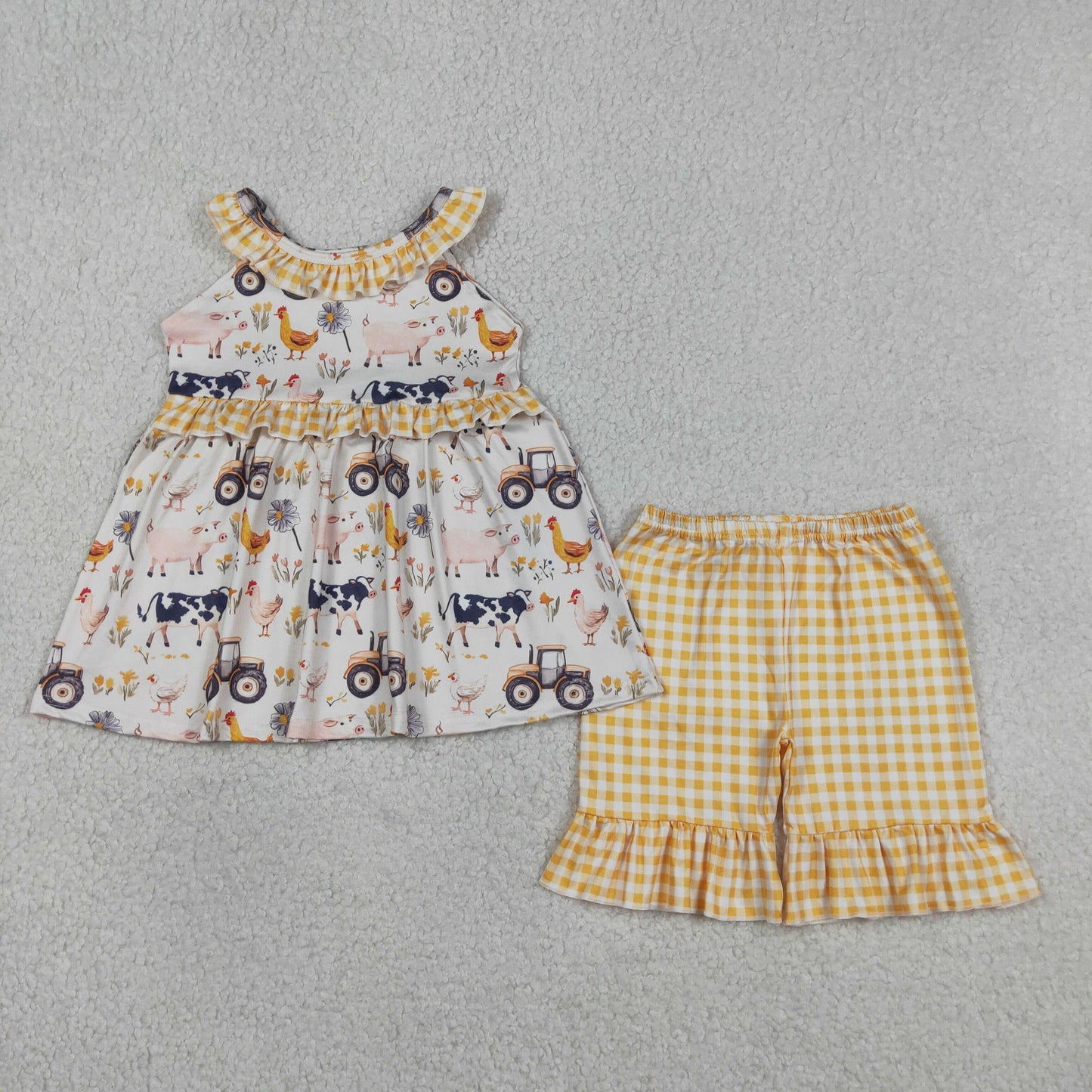 Sibling Baby Girls Pigs Cows Tunic Checked Ruffle Short Farm Clothes Set Rompers